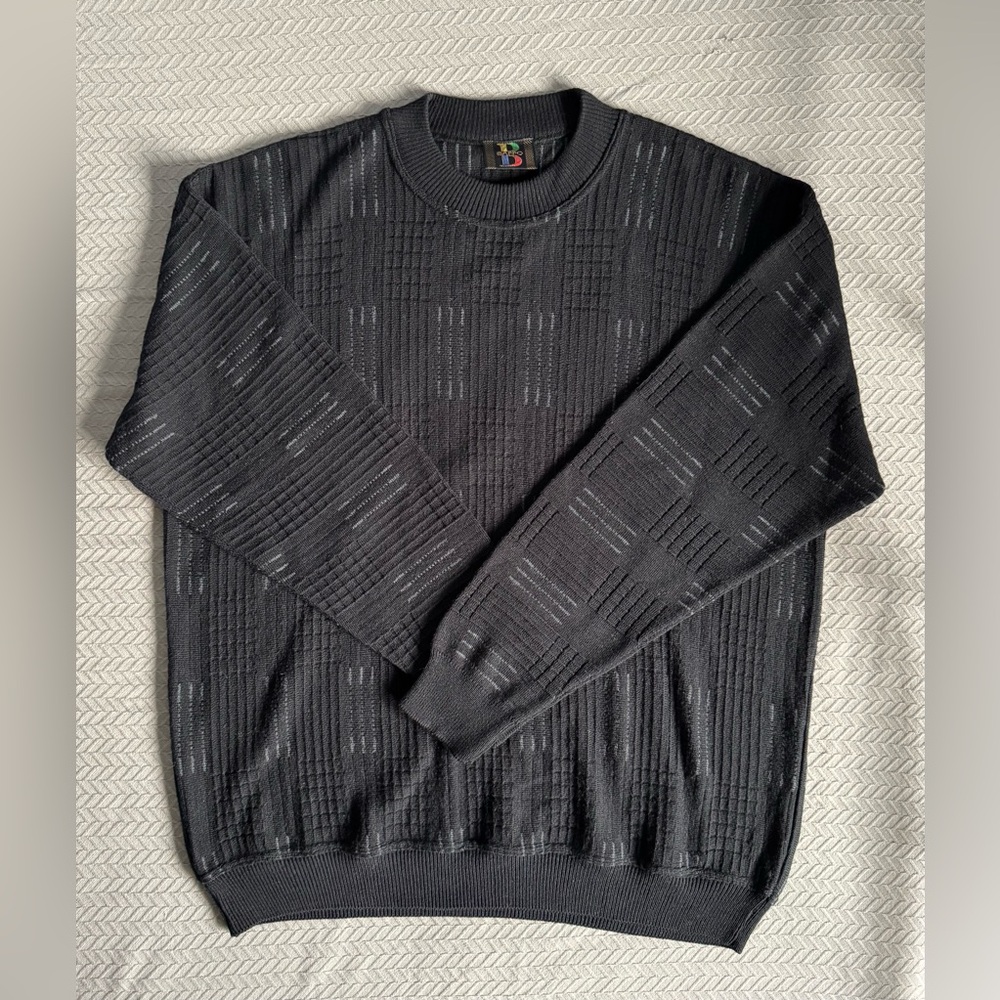 Vintage Mens Baffo Sweater Black And Grey Wool Blend Retro Crew Neck - XL